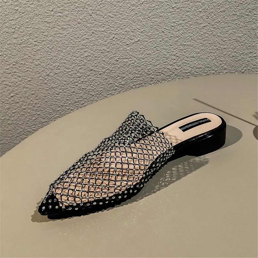 Women Pointed Toe Mules Thick Heels Slip