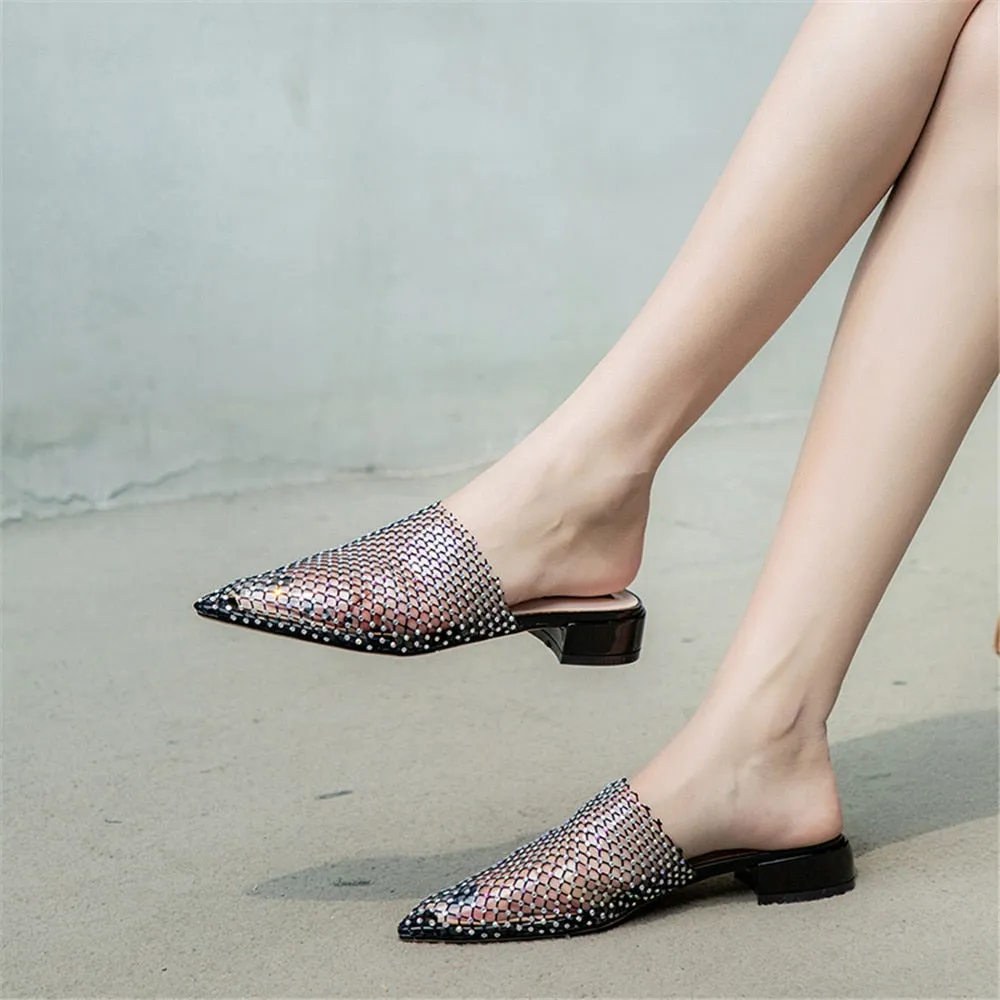 Women Pointed Toe Mules Thick Heels Slip