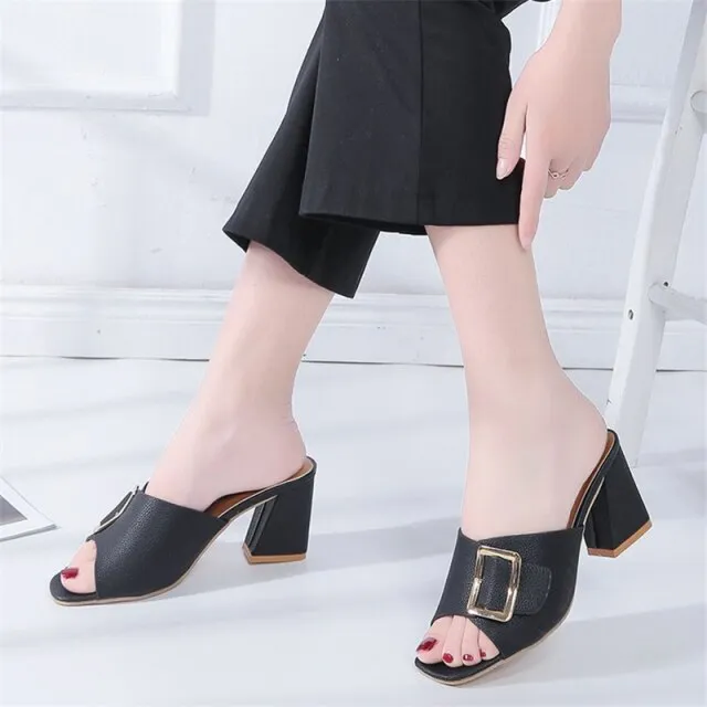 Women Slippers Pure Color Square Head Coarse Heel
