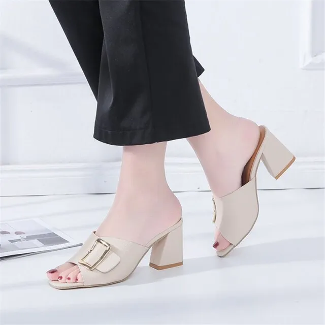 Women Slippers Pure Color Square Head Coarse Heel