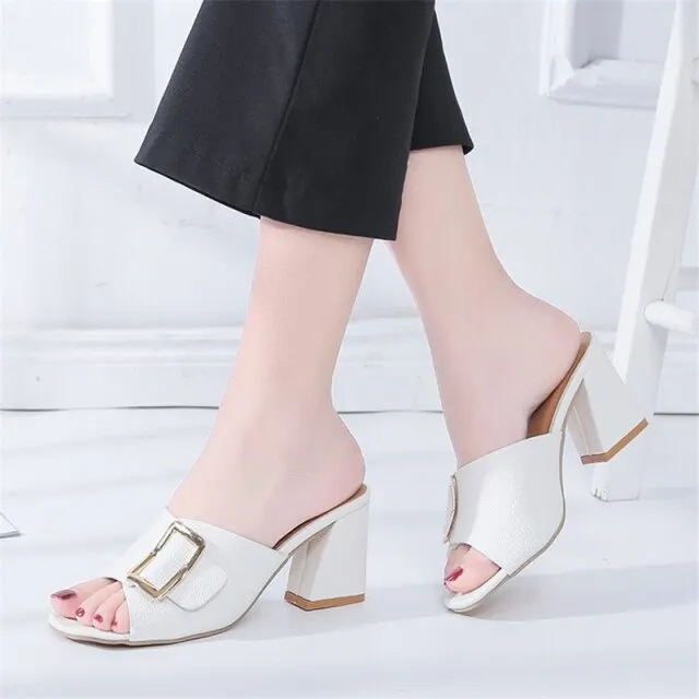 Women Slippers Pure Color Square Head Coarse Heel