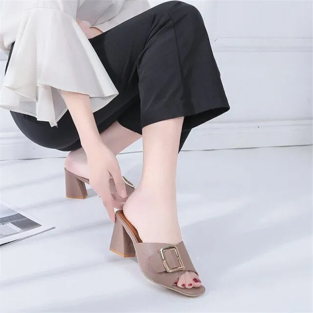 Women Slippers Pure Color Square Head Coarse Heel
