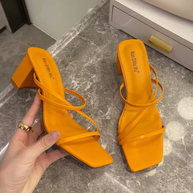 Women Square High Heels Slides