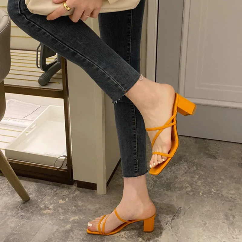 Women Square High Heels Slides
