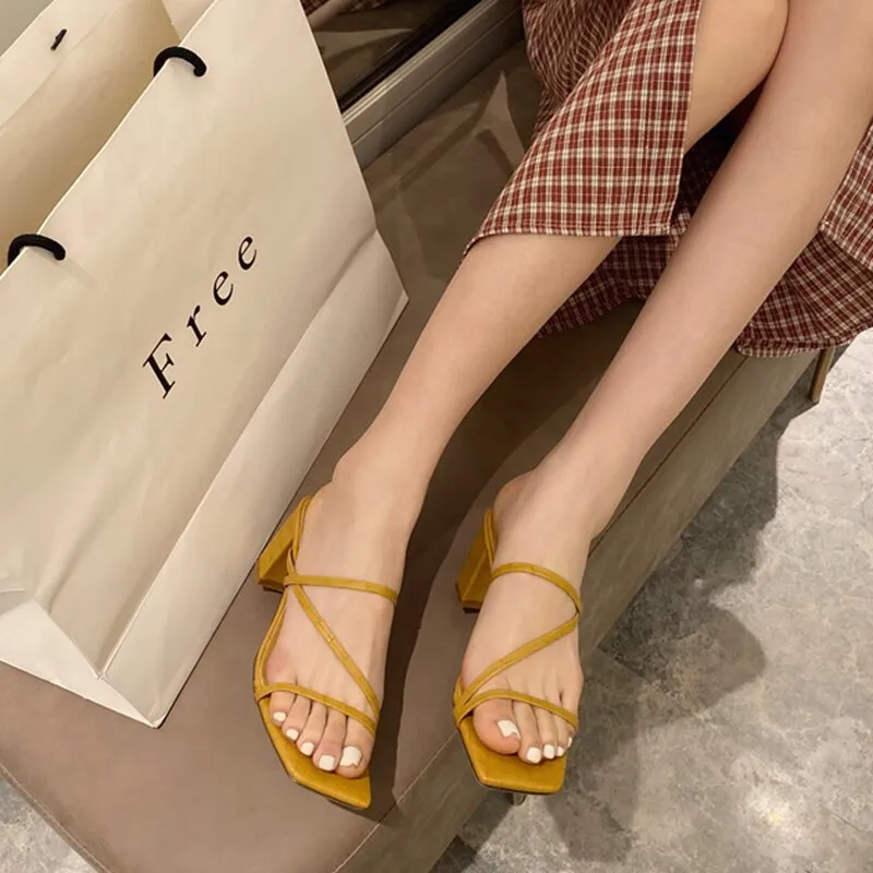 Women Square High Heels Slides