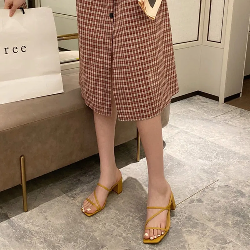 Women Square High Heels Slides