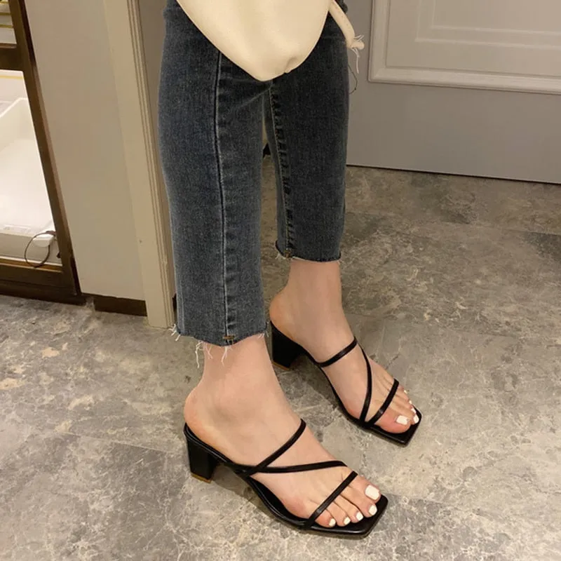 Women Square High Heels Slides