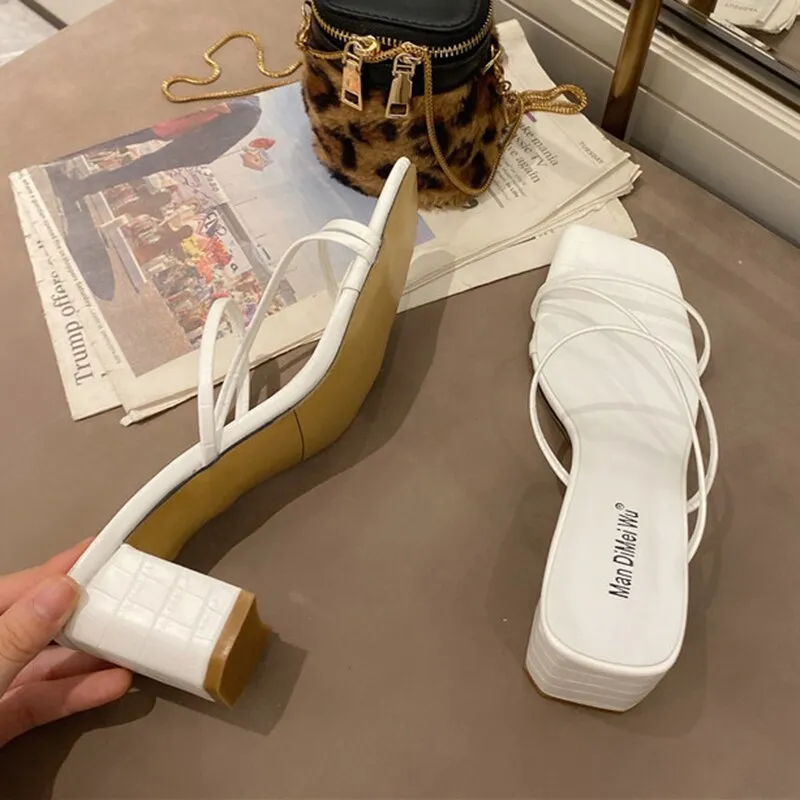Women Square High Heels Slides