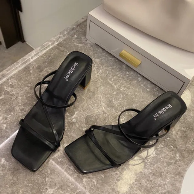 Women Square High Heels Slides