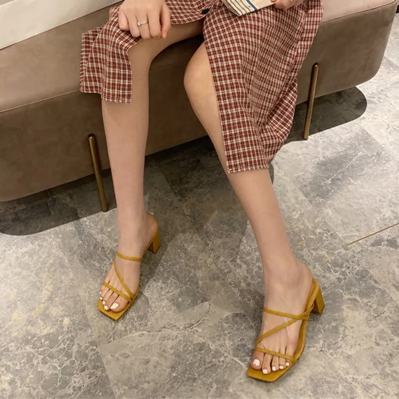 Women Square High Heels Slides