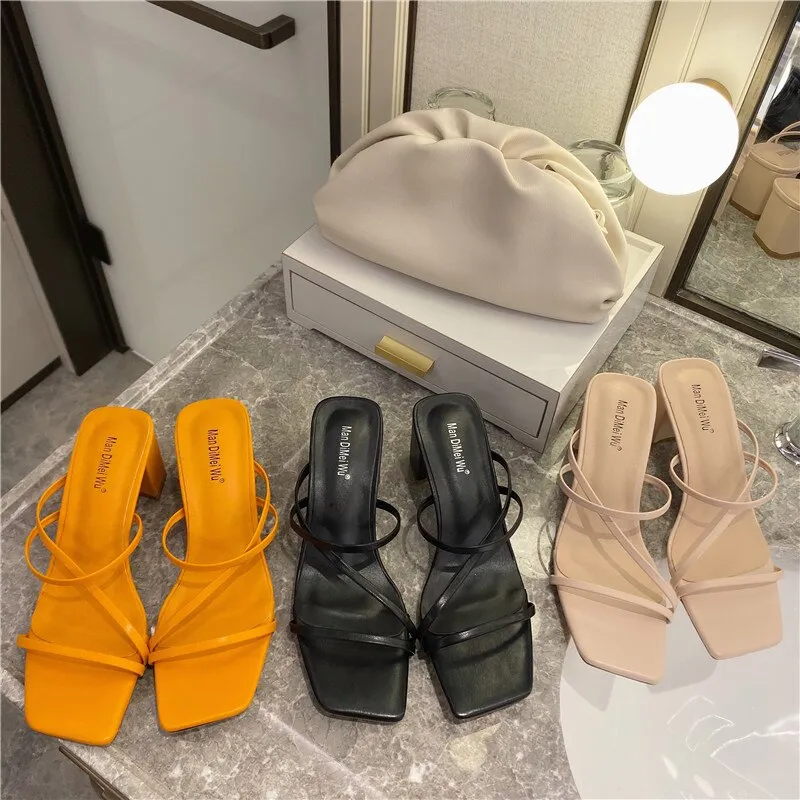 Women Square High Heels Slides