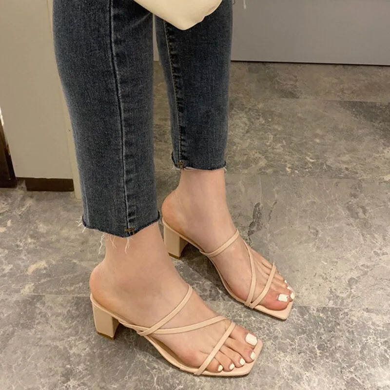 Women Square High Heels Slides