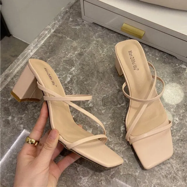 Women Square High Heels Slides