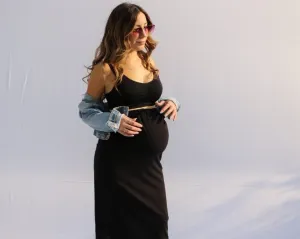 Women's Black Maternity Cotton Solid High Waist Midi Skirt