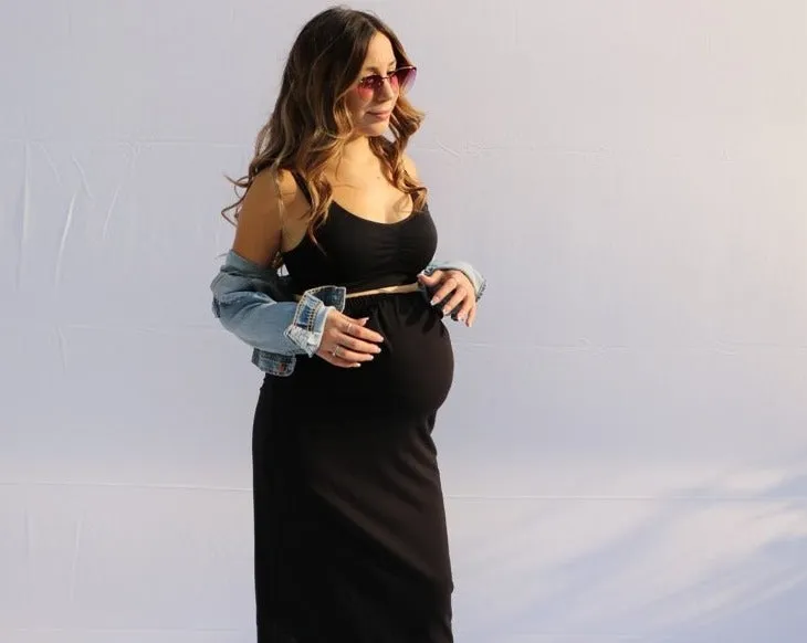 Women's Black Maternity Cotton Solid High Waist Midi Skirt