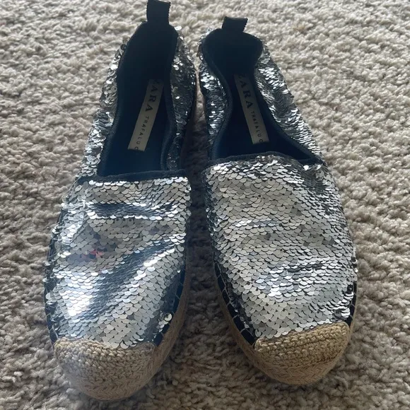 ZARA Silver Sequin Espadrilles Size 39 Gently Loved