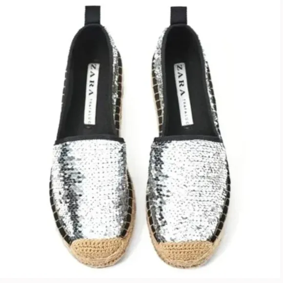 ZARA Silver Sequin Espadrilles Size 39 Gently Loved